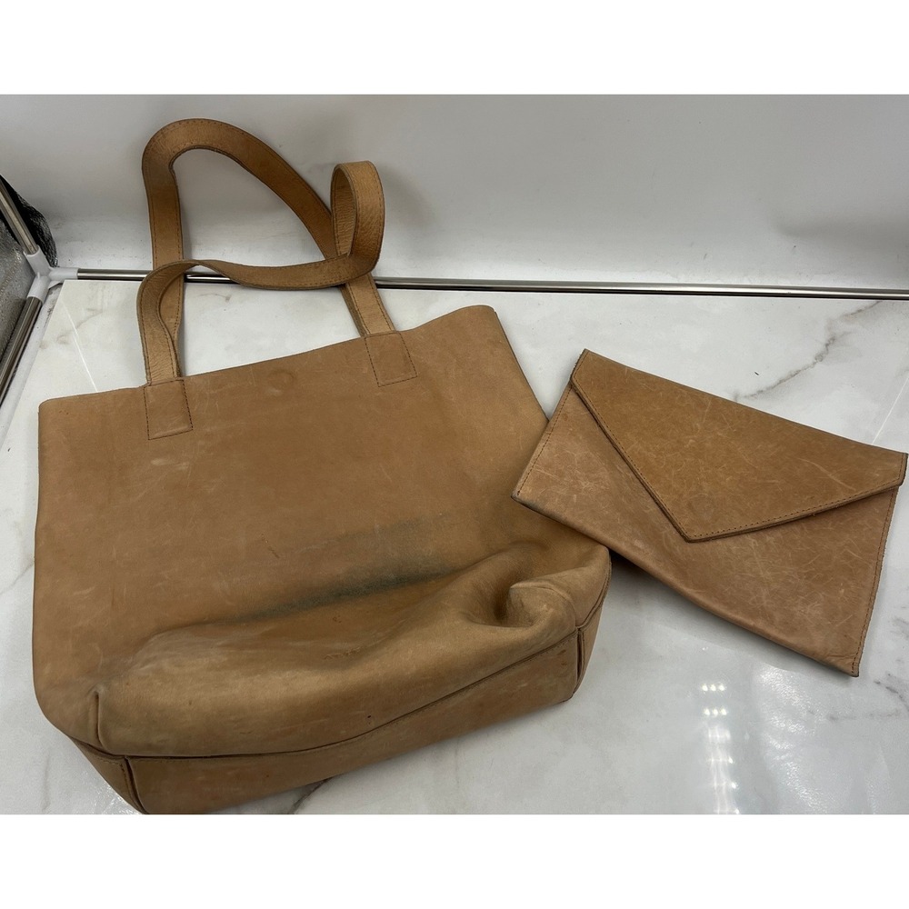 ABLE Mamuye Classic Tote and Envelope Clutch Set Cognac Distressed Leather